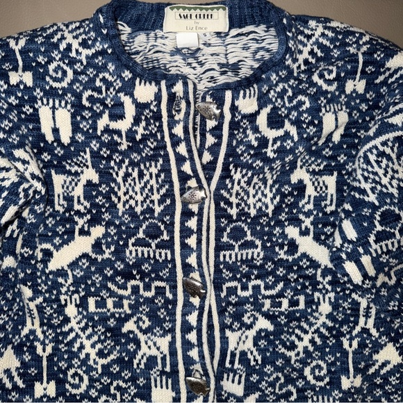 Sage Greek Liz Ence Blue/White Sweater sz S Celtic Paleolithic Arrowhead Buttons - Picture 2 of 16